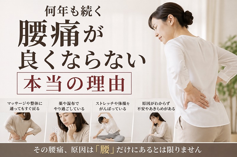 何年も続く腰痛が良くならない理由をテーマに、腰を押さえる女性と、マッサージ・薬や湿布・自己流のストレッチ・原因が分からず悩む様子を並べたコラムのヘッダー画像。