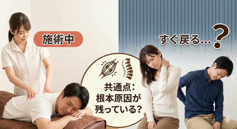 マッサージを受けてもすぐ痛みが戻ってしまう人の共通点を解説するイラスト、施術中の風景と悩む男女
