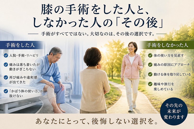 膝の手術をした後も動きにくさが残る人と、体の使い方を見直して歩行や日常生活を取り戻した人の「その後」を対比したイメージ
