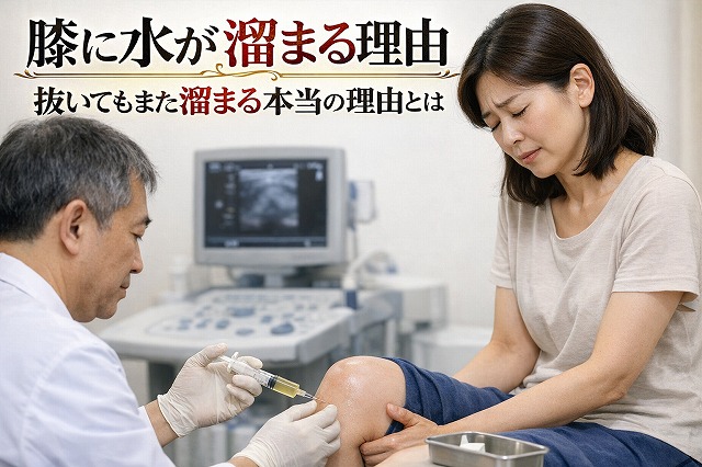 整形外科で膝に溜まった水を注射で抜かれている日本人女性｜膝に水が溜まる理由と再発の原因を解説
