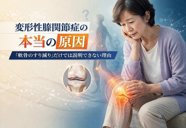 変形性膝関節症の原因に悩む60代女性｜膝の痛みと軟骨のすり減りだけでは説明できない理由を解説するイメージ