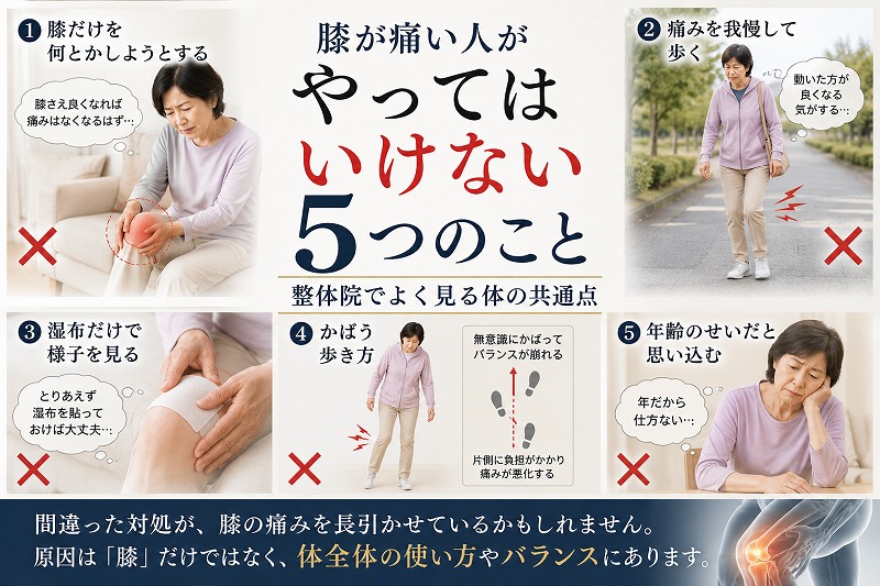 膝が痛い人がやってしまいがちな「膝だけを何とかしようとする」「痛みを我慢して歩く」「湿布だけで様子を見る」「かばう歩き方」「年齢のせいだと思い込む」という5つの行動をイラストで紹介した画像