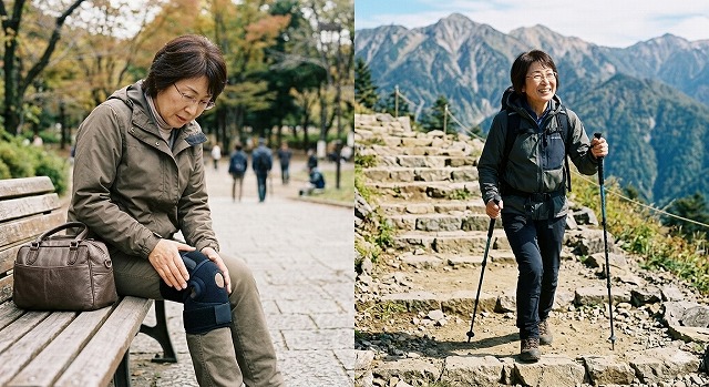 膝を気にする女性と階段を楽々歩く女性