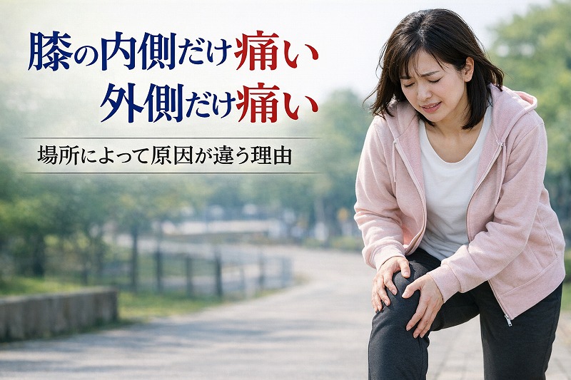 膝の内側や外側の痛みに悩み、歩行中に膝を押さえて辛そうな表情をする日本人女性