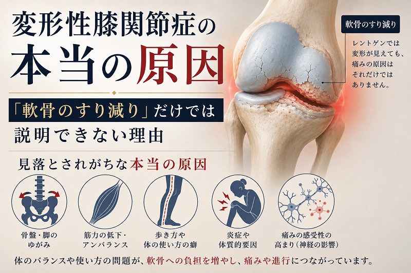 変形性膝関節症で軟骨がすり減った膝関節のイメージと、骨盤・脚のゆがみ、筋力低下、歩き方、炎症、神経など、軟骨のすり減りだけでは説明できない痛みの原因を示した図