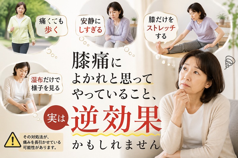 膝痛によかれと思って行っている「痛くても歩く」「安静にしすぎる」「膝だけをストレッチする」「湿布だけで様子を見る」などの対処が、逆効果になる可能性を表現したイラスト