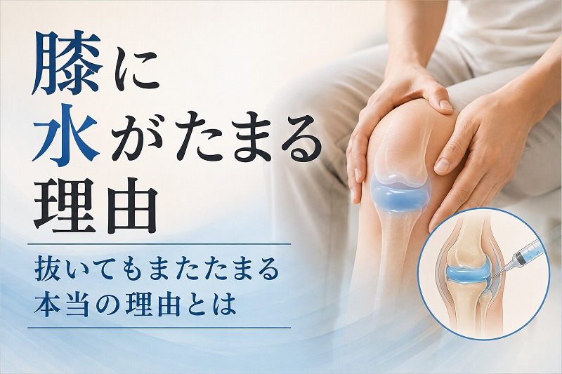 膝に水がたまる原因をテーマに、膝を押さえる人物と、関節内にたまった水を青色で表現した膝関節のイラスト。注射器で水を抜く図とともに「抜いてもまたたまる本当の理由とは」と示している。