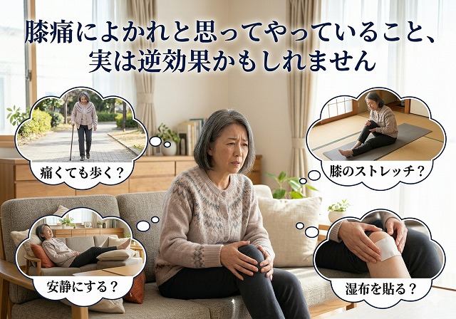膝の痛みに悩む50代女性が「安静にする・湿布を貼る・ストレッチ・痛くても歩く」などの対処法に迷っている様子