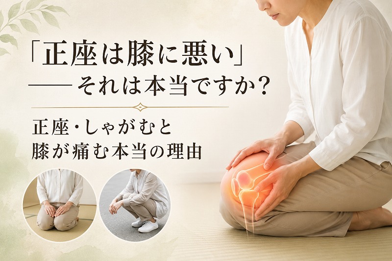 正座をしながら膝を押さえる女性と、「『正座は膝に悪い』——それは本当ですか？ 正座・しゃがむと膝が痛む本当の理由」というタイトルが配置された膝痛コラムのヘッダー画像。