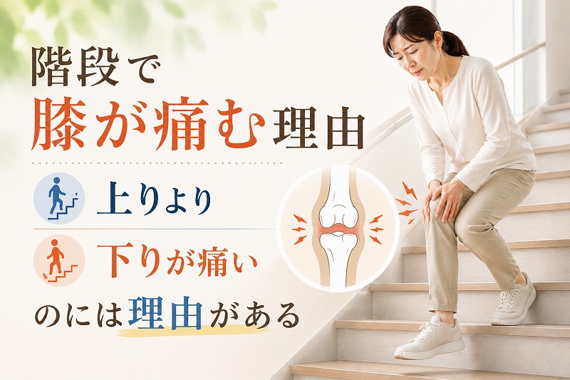 階段を下りる際に膝の痛みを感じて膝を押さえる女性と、「上りより下りが痛いのには理由がある」という説明が入った膝痛コラムのヘッダー画像