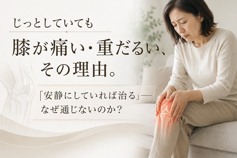 ソファに座った50代女性が膝を押さえて痛そうな表情をしている。「じっとしていても膝が痛い・重だるい、その理由。『安静にしていれば治る』——なぜ通じないのか？」というタイトルが入った整体コラムのヘッダー画像。