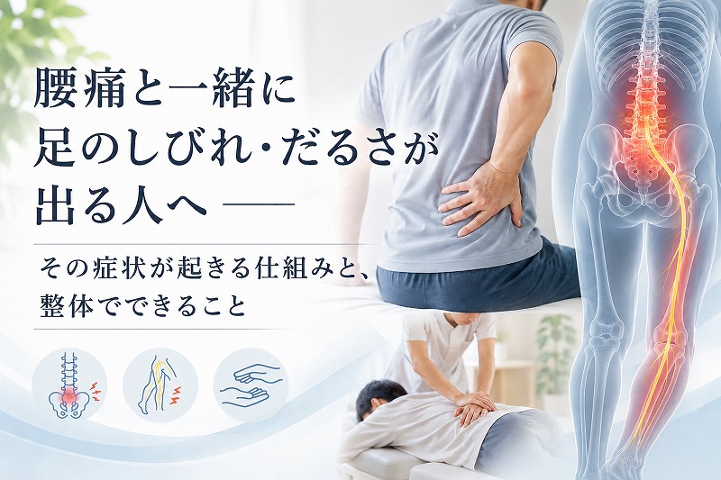 腰を押さえる男性と、腰から足へ伸びる神経のイメージ図を背景に、腰痛とともに足のしびれやだるさが出る原因と整体による改善について解説するコラムのヘッダー画像。