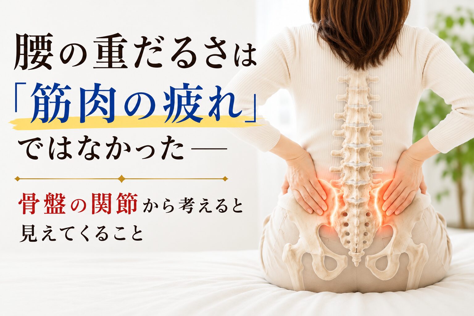 腰の重だるさに悩む女性がベッドに座り、腰に手を当てている様子。背骨と骨盤のイラストが重ねられ、仙腸関節周辺が強調表示されている。左側には「腰の重だるさは『筋肉の疲れ』ではなかった——骨盤の関節から考えると見えてくること」というタイトルが配置されている。