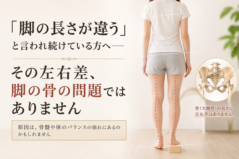 後ろ向きに立つ女性と骨盤のイラストを用いて、脚の長さの左右差は脚の骨ではなく、骨盤や体のバランスの影響で生じることを伝えるコラムのヘッダー画像。