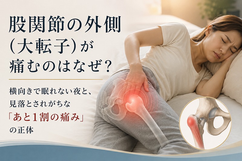 「股関節の外側（大転子）の痛みを示すイラスト。横向きで眠る女性の股関節外側が赤く示され、骨盤と大腿骨、大転子周辺の構造を重ねて描いている。」