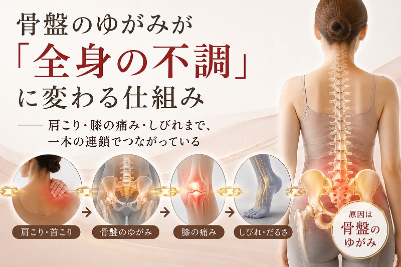 「骨盤のゆがみが『全身の不調』に変わる仕組み——肩こり・膝の痛み・しびれまで、一本の連鎖でつながっている」というタイトルのヘッダー画像。背面から見た人物の骨盤と背骨を強調し、骨盤のゆがみを起点として肩こり、膝の痛み、しびれへと症状が連鎖するイメージを、矢印とイラストで分かりやすく表現している。