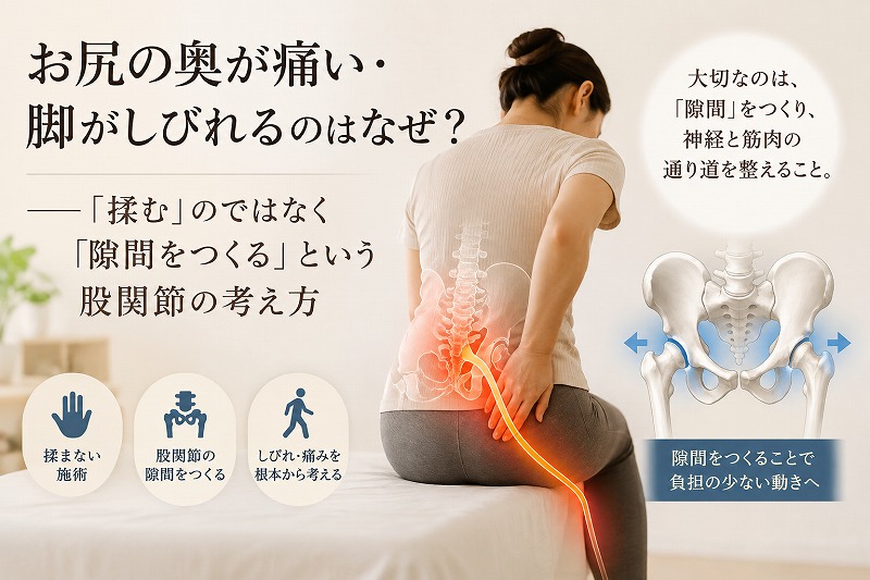 お尻の奥の痛みと脚のしびれに悩む女性を中心に、股関節周辺と坐骨神経のイメージを重ね、「揉む」のではなく股関節に「隙間をつくる」という考え方を解説したコラムのヘッダー画像。