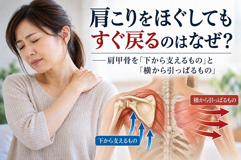 肩こりをほぐしてもすぐ戻る理由を、肩甲骨を下から支える力と横から引っぱる力の関係から示したイラスト。肩を押さえてつらそうにする女性と、肩甲骨周辺の筋肉に働く力を示す青と赤の矢印を描いている。