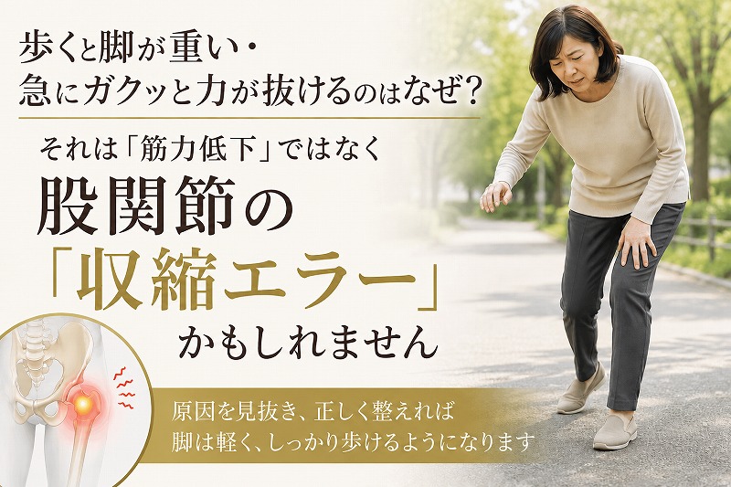 歩くと脚が重く、急に力が抜ける症状と股関節の収縮エラーを解説するイラスト