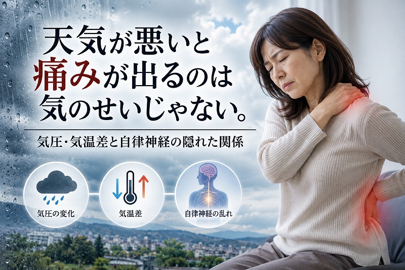 天気が悪いと痛みが出る理由を、気圧や気温差、自律神経の関係とともに表したイメージ画像