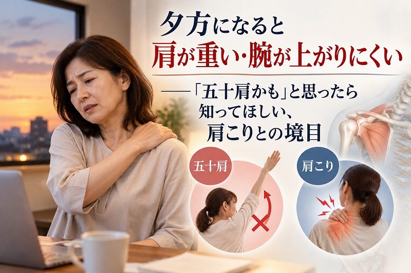 夕方になると肩が重く腕が上がりにくい女性と、五十肩と肩こりの違いを示す肩関節のイラスト