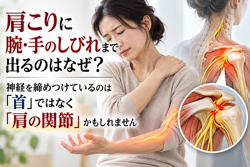 肩こりから腕や手のしびれが出ている女性と、肩関節周辺の筋肉や神経の構造を示したイラスト